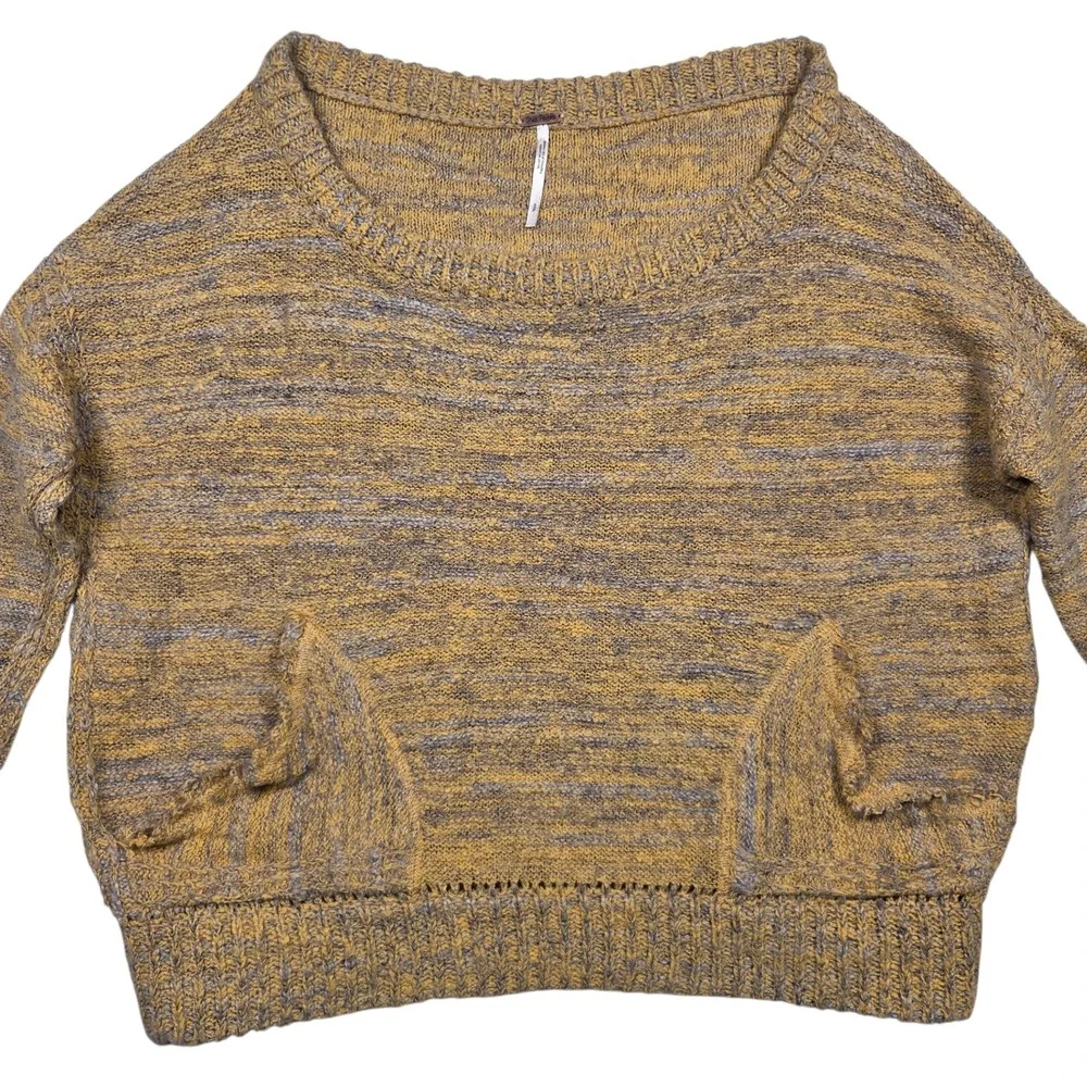 Free People Sweater Womens Small Yellow Marled Knit Cropped Slouchy Pockets Boho